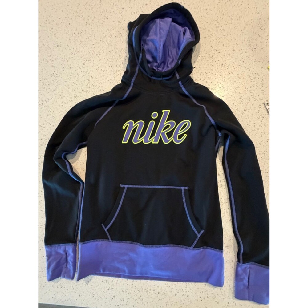 Nike Black Hoodie Therma-Fit Purple Trim and Neon Yellow Logo M